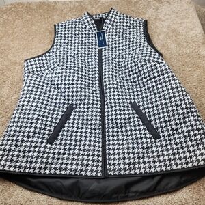 Karen Scott Sport Plus Size 0X Houndstooth Quilted Vest Eggshell Black